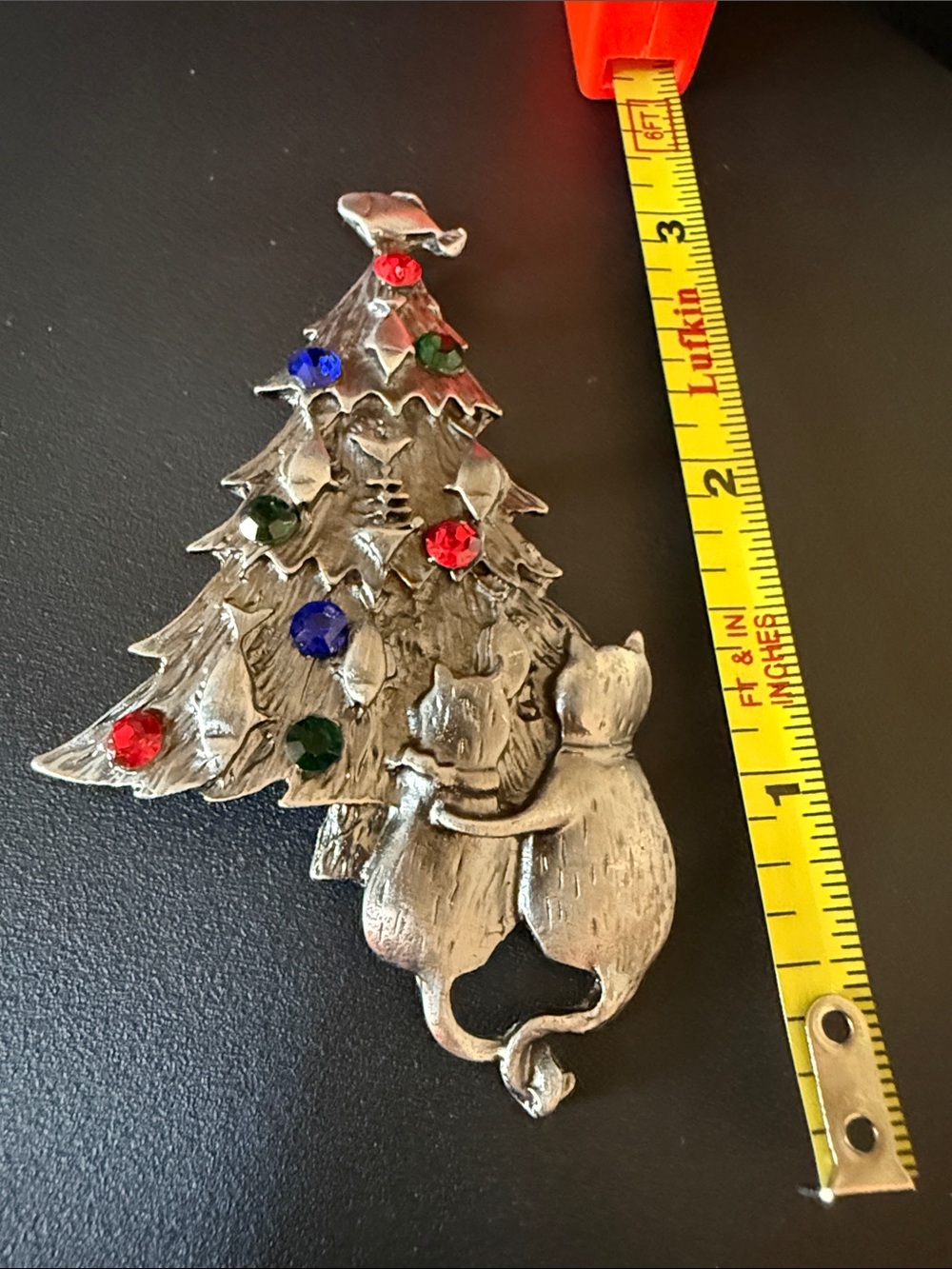 Silver-Tone Cat & Christmas Tree Brooch with Red, Blue & Green Accents
